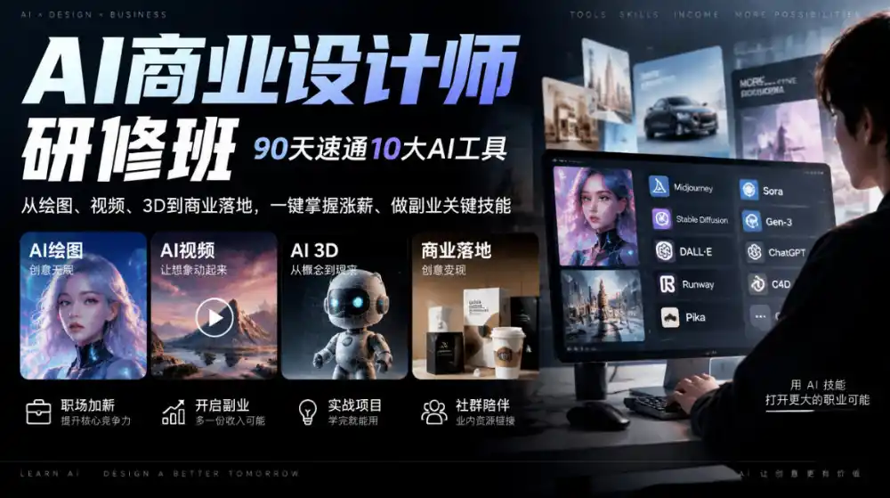 AI商业设计师研修班，90天速通10大AI工具，从绘图、视频、3D到商业落地，一键掌握涨薪、做副业关键技能-创薯资源