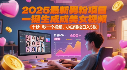 2025最新男粉项目，一键生成美女视频，日引600+色粉 十秒一个视频，小白轻松日入5张【揭秘】-创薯资源