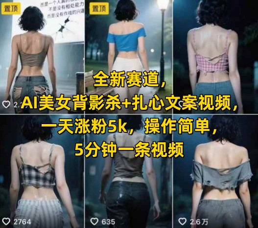 全新赛道，AI美女背影杀+扎心文案视频，一天涨粉5k，操作简单，5分钟一条视频-创薯资源