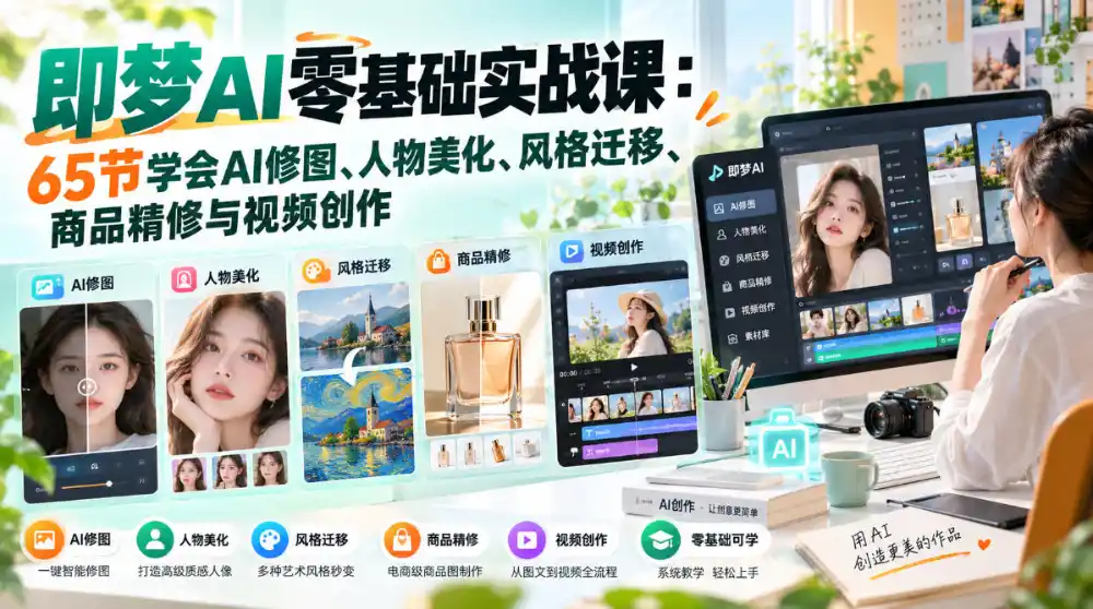即梦AI零基础实战课：65节学会AI修图、人物美化、风格迁移、商品精修与视频创作-创薯资源