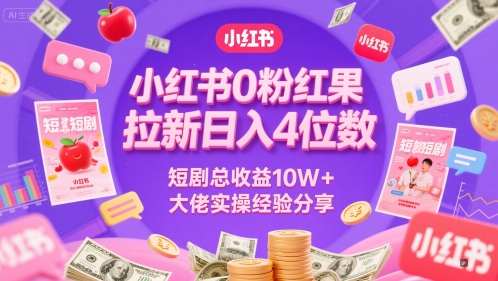 小红书0粉红果短剧拉新日入4位，数短剧总收益10W+大佬实操经验分享-创薯资源