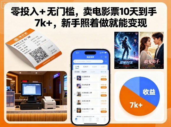 零投入+无门槛，卖电影票10天到手7k+，新手照着做就能变现【揭秘】-创薯资源