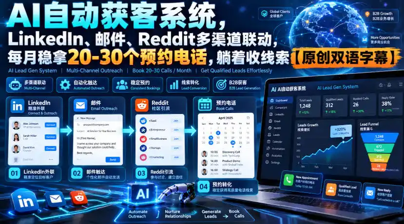 【无水印】AI自动获客系统，LinkedIn、邮件、Reddit多渠道联动，每月稳拿20-30个预约电话，躺着收线索【原创双语字幕】-创薯资源