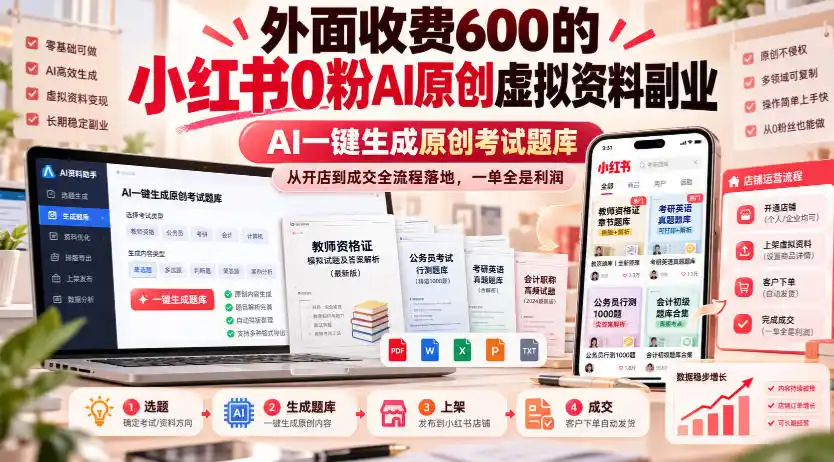 外面收费600的小红书0粉AI原创虚拟资料副业，AI一键生成原创考试题库，从开店到成交全流程落地，一单全是利润-创薯资源