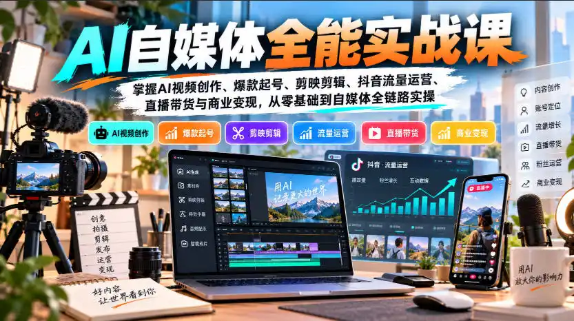 【无水印】AI自媒体全能实战课，掌握AI视频创作、爆款起号、剪映剪辑、抖音流量运营、直播带货与商业变现，从零基础到自媒体全链路实操-创薯资源
