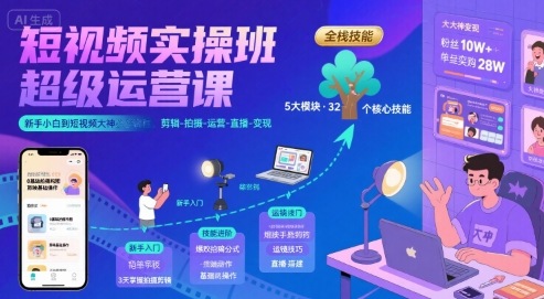 短视频实操班超级运营课，新手小白到短视频大神必修课程，剪辑-拍摄-运营-直播-变现-创薯资源