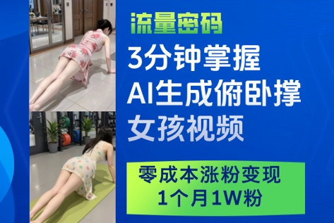 3分钟掌握AI生成俯卧撑女孩视频，零成本涨粉变现，1个月1W粉-创薯资源