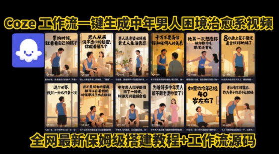 coze工作流一键生成”中年男人困境扎心高涨粉高播放量图文视频”保姆级拆解教程，无需剪辑，无需拍摄写文案-创薯资源