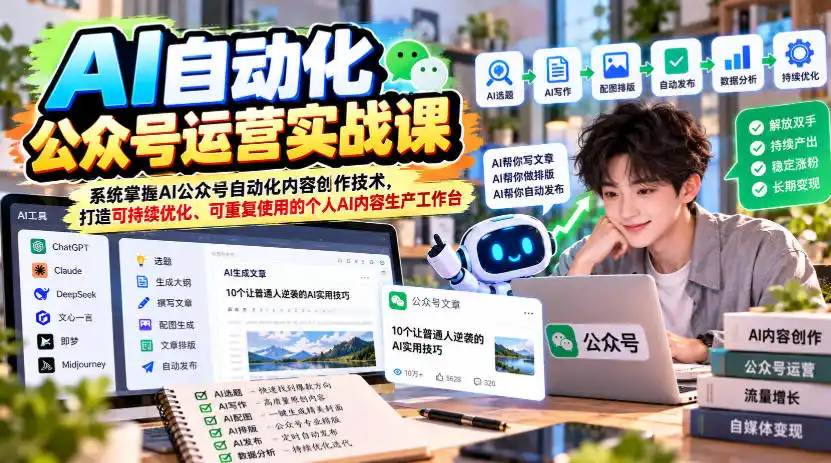 AI自动化公众号运营实战课，系统掌握AI公众号自动化内容创作技术，打造可持续优化、可重复使用的个人AI内容生产工作台-创薯资源
