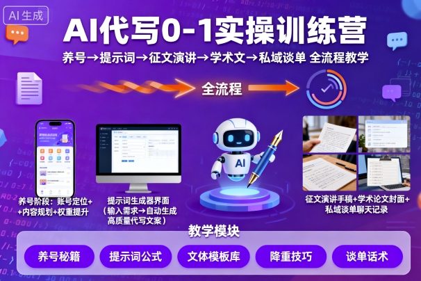 AI代写0-1实操训练营，从养号、提示词、征文演讲、学术文，到私域谈单的全流程教学-创薯资源