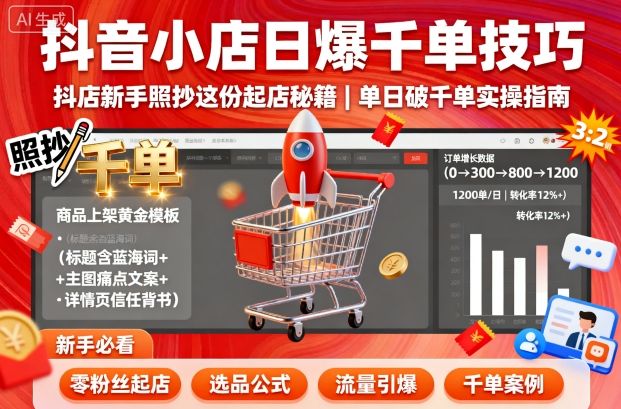 抖音小店日爆千单技巧，抖店新手照抄这份起店秘籍，单日破千单-创薯资源
