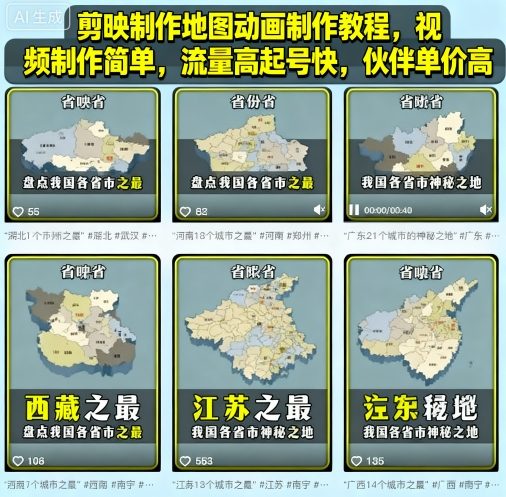 剪映制作地图动画制作教程，视频制作简单，流量高起号快，伙伴单价高-创薯资源