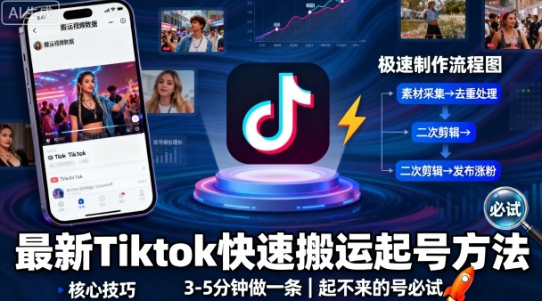 最新Tiktok快速搬运快速起号方法，3-5分钟做一条，起不来的号可以试试-创薯资源