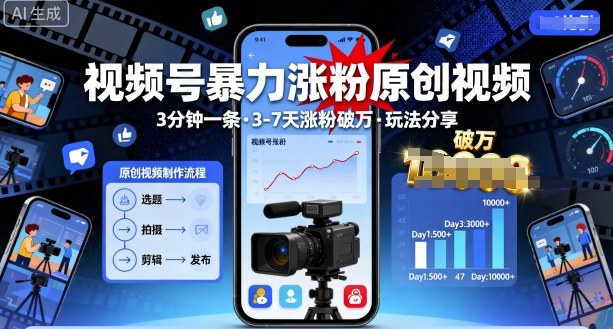 视频号暴力涨粉原创视频，3分钟一条原创视频，3-7天涨粉破万，玩法分享给你-创薯资源