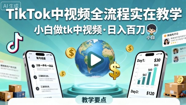TikTok中视频全流程实操教学，小白做tk中视频，日入百刀-创薯资源
