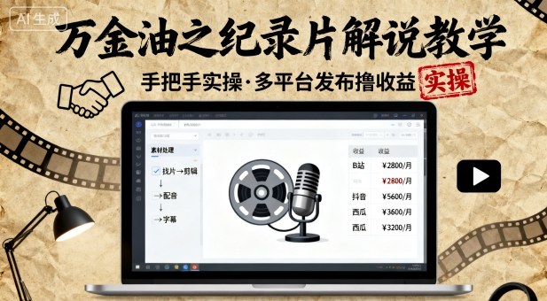 万金油之纪录片解说教学，手把手教你，完全实操，多平台发布撸收益-创薯资源
