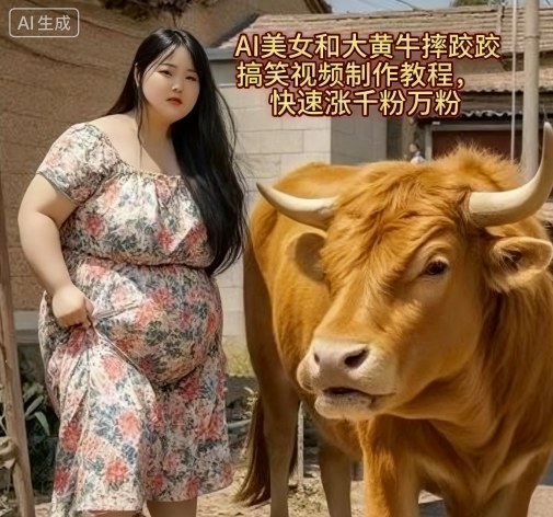 AI美女和大黄牛摔跤搞笑荒诞视频制作教程，快速涨千粉万粉-创薯资源