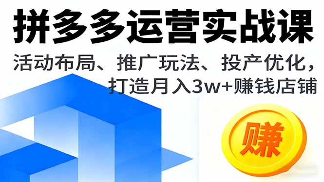 拼多多运营实战课，活动布局、推广玩法、投产优化，打造月入3w+赚钱店铺-创薯资源