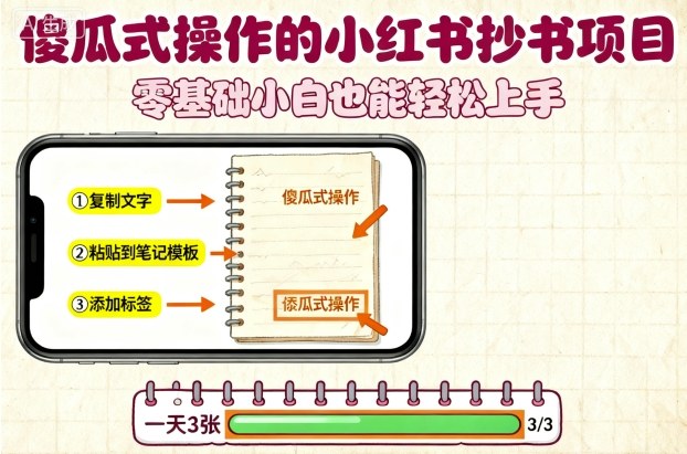 傻瓜式操作的小红书抄书项目，会复制粘贴就行，零基础小白也能一天3张-创薯资源