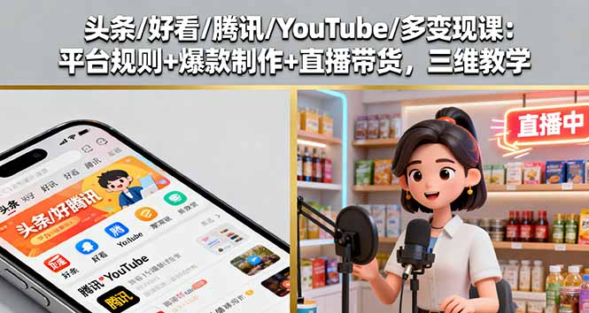 头条/好看/腾讯/YouTube/多变现课：平台规则+爆款制作+直播带货，三维教学-创薯资源