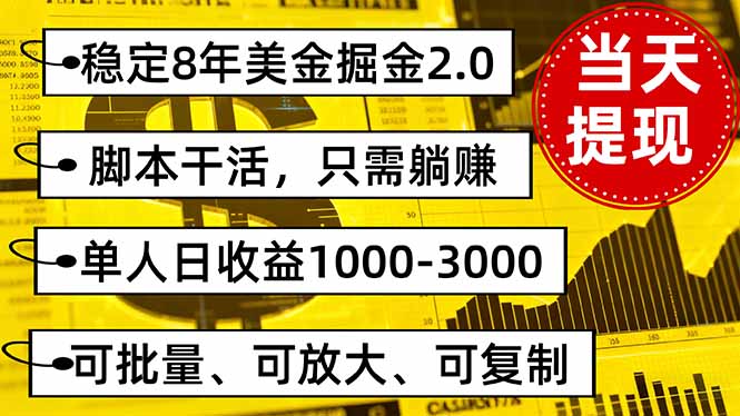 稳定8年美金掘金2.0脚本干活，只需躺赚。单人日收益1000-3000可批量、…-创薯资源