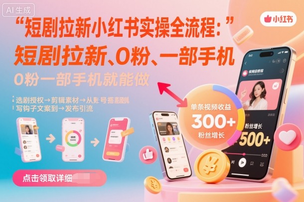 短剧拉新小红书实操全流程，0粉一部手机就可以做，详细教程-创薯资源