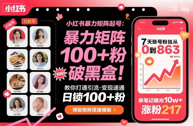 小红书暴力矩阵起号，教你打通引流-变现速通，日锁100+粉，破流量黑盒-创薯资源