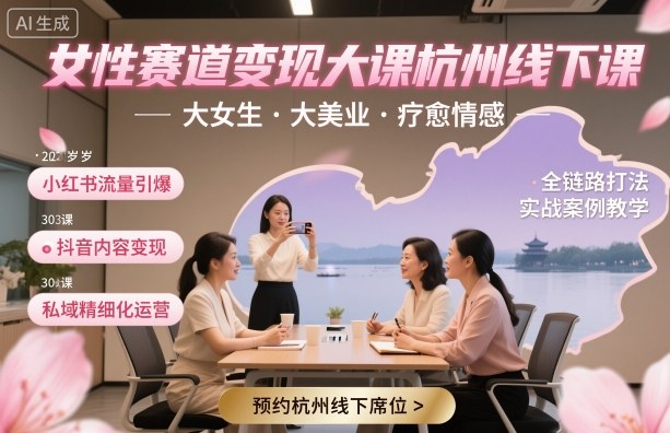 女性赛道变现大课杭州线下，大女生，大美业，疗愈情感，一套小红书、抖音、私域全链路打法-创薯资源