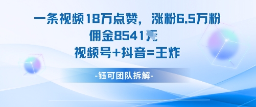 一条视频18W点赞，涨粉6.5W粉佣金8541米，视频号+抖音=王炸-创薯资源