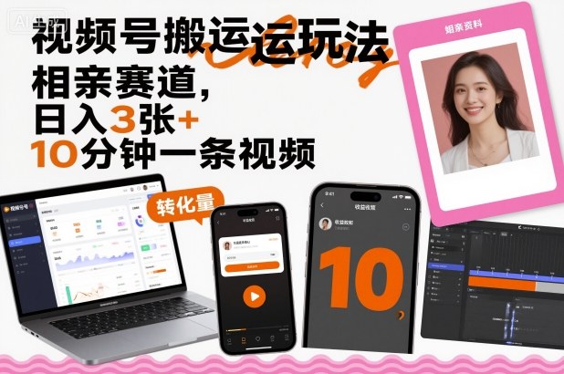 视频号搬运玩法，相亲赛道，日入3张+，10分钟一条视频-创薯资源