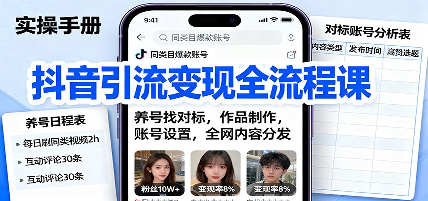 抖音引流变现全流程课：养号找对标，作品制作，账号设置，全网内容分发-创薯资源