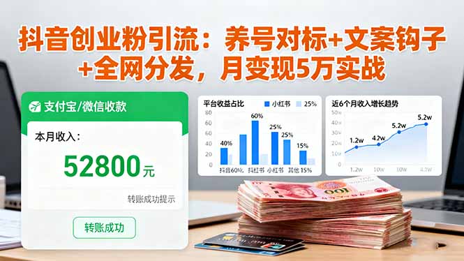 抖音创业粉引流：养号对标+文案钩子+全网分发，月变现5万实战-创薯资源