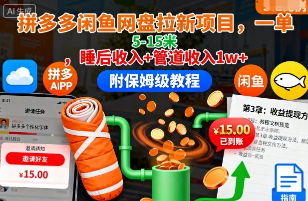 拼多多闲鱼网盘拉新项目，一单5-15米，睡后收入+管道收入1w+(附保姆级教程)-创薯资源