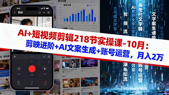 AI+短视频剪辑218节实操课-10月：剪映进阶+AI文案生成+账号运营，月入2万-创薯资源