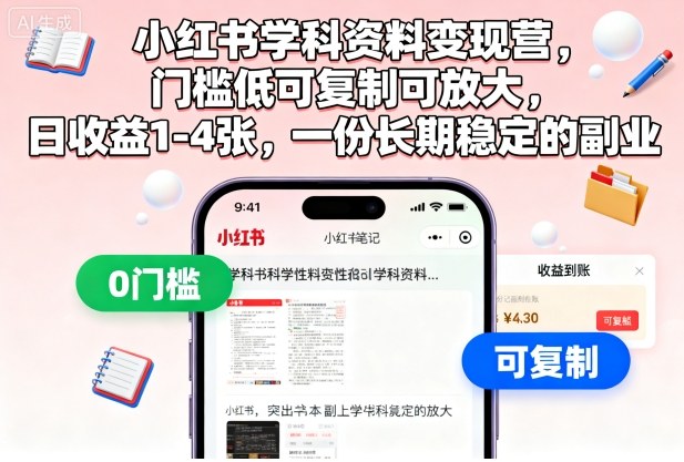 小红书学科资料变现营,门槛低可复制可放大,日收益1-4张,一份长期稳定的副业-创薯资源