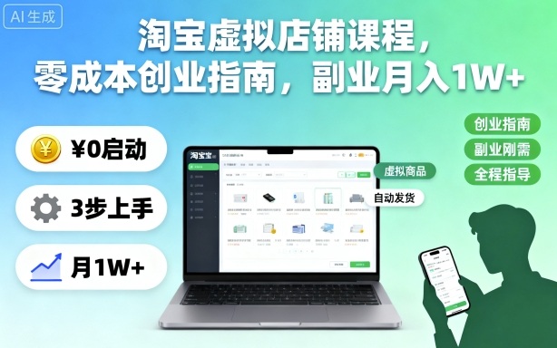 淘宝虚拟店铺课程,零成本创业指南,副业月入1W+-创薯资源