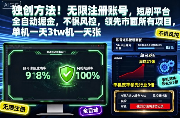 独创方法!无限注册账号,短剧平台全自动掘金,不惧风控,领先市面所有项目,单机一天3张【揭秘】-创薯资源