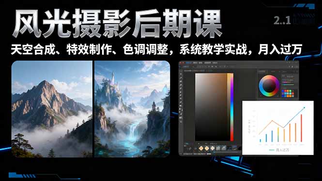 风光摄影后期课,一键换天空合成、特效制作、色调调整,月入过万-创薯资源