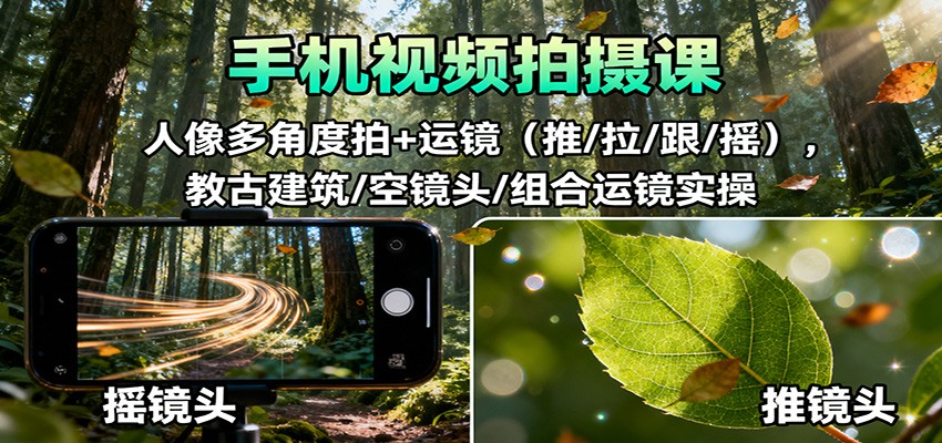 手机视频拍摄课:人像多角度拍+运镜(推/拉/跟/摇),古建筑/空镜头/组合运镜实操-创薯资源