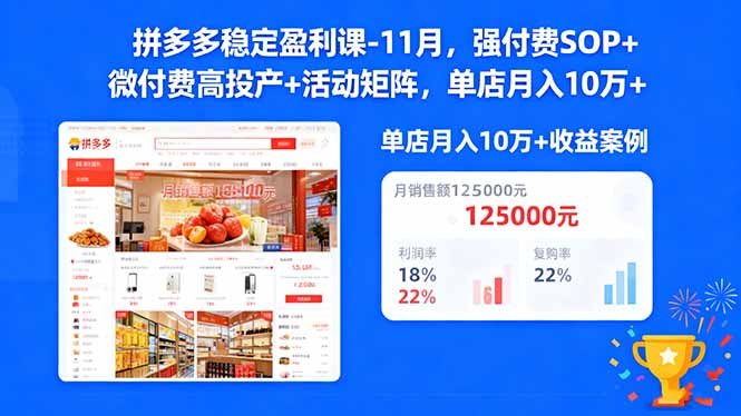 拼多多稳定盈利课-11月,强付费SOP+微付费高投产+活动矩阵,单店月入10万+-创薯资源