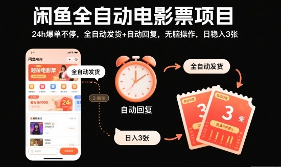 闲鱼全自动电影票项目,24h爆单不停,全自动发货+自动回复,无脑操作,日稳入3张【揭秘】-创薯资源