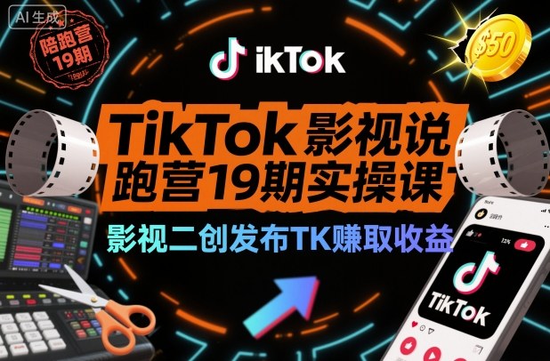 TikTok影视解说陪跑营19期实操课,影视二创发布TK賺取收益,万播收益50美金-创薯资源