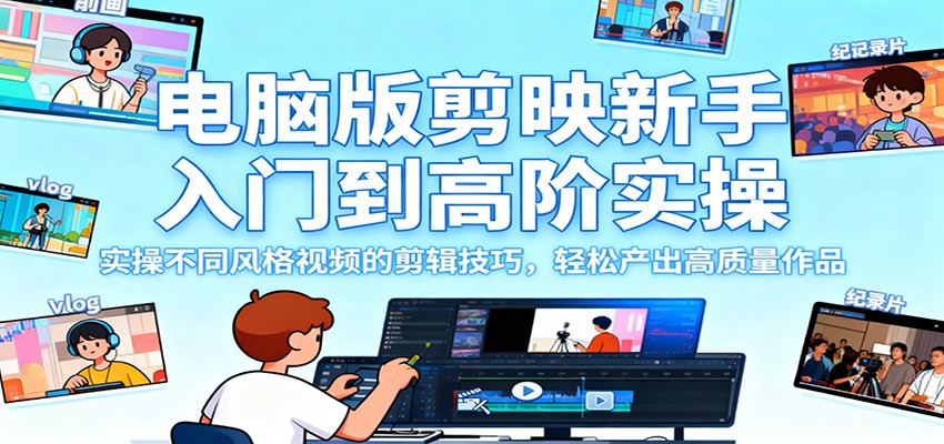 电脑版剪映新手入门到高阶实操，实操不同风格视频的剪辑技巧，轻松产出高质量作品-创薯资源