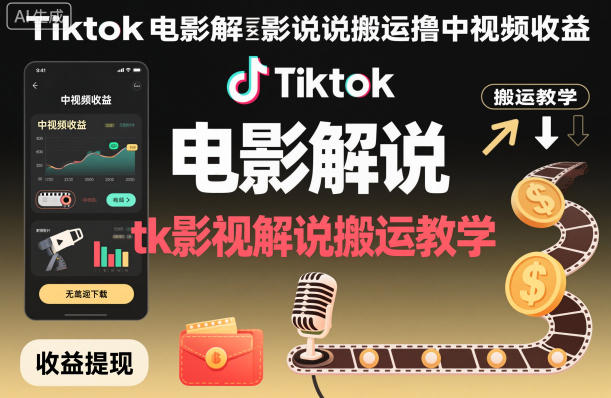 Tiktok电影解说搬运撸中视频收益，tk影视解说搬运教学-创薯资源