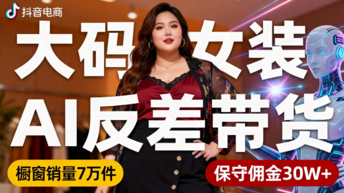 抖音小众赛道，大码女装AI反差带货，不用直播，每天6条作品，橱窗卖7万件，保守佣金30W+-创薯资源