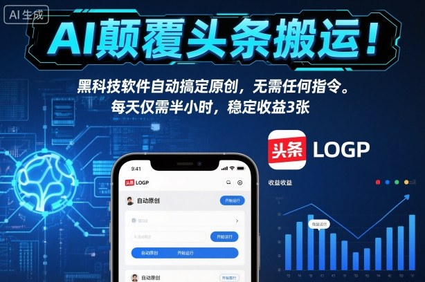 AI颠覆头条搬运！黑科技软件自动搞定原创，无需任何指令。每天仅需半小时，稳定收益3张【揭秘】-创薯资源