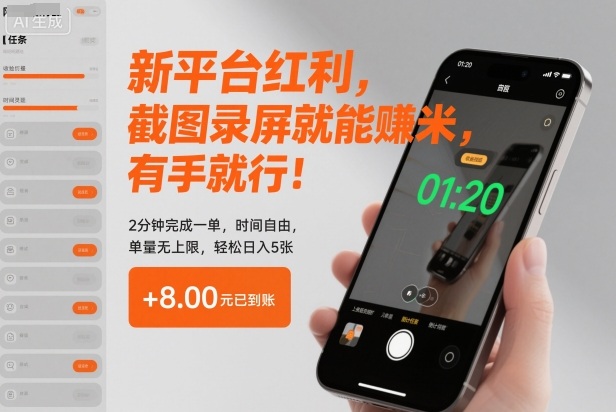 新平台红利，截图录屏就能賺米，有手就行！2分钟完成一单，时间自由，单量无上限，轻松日入5张【揭秘】-创薯资源
