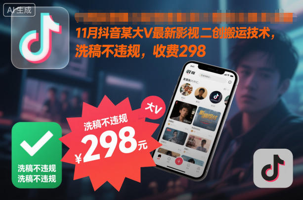 11月抖音某大V最新影视二创搬运技术,洗稿不违规,收费298-创薯资源