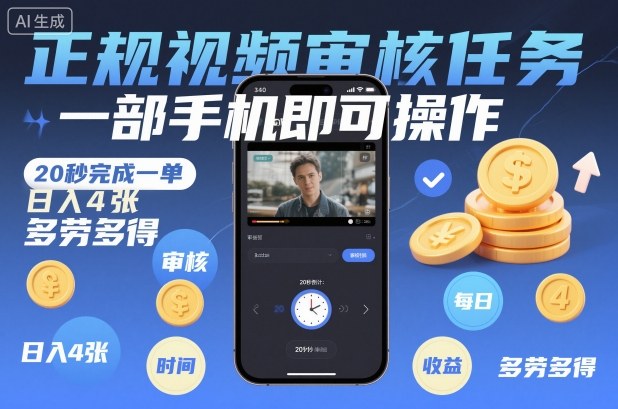 正规视频审核任务,一部手机即可操作,20秒完成一单,日入4张,多劳多得【揭秘】-创薯资源