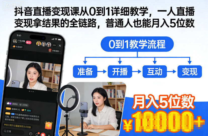 抖音直播变现课从0到1详细教学,一人直播变现拿结果的全链路,普通人也能月入5位数-创薯资源